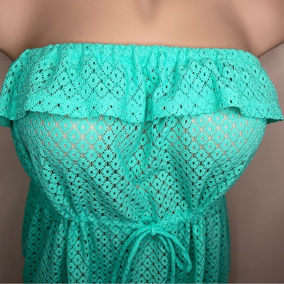 Juniors XL OP Teal Green Lace Strapless Dress Ruffle Swim Cover Vacation Beach - Picture 4 of 15